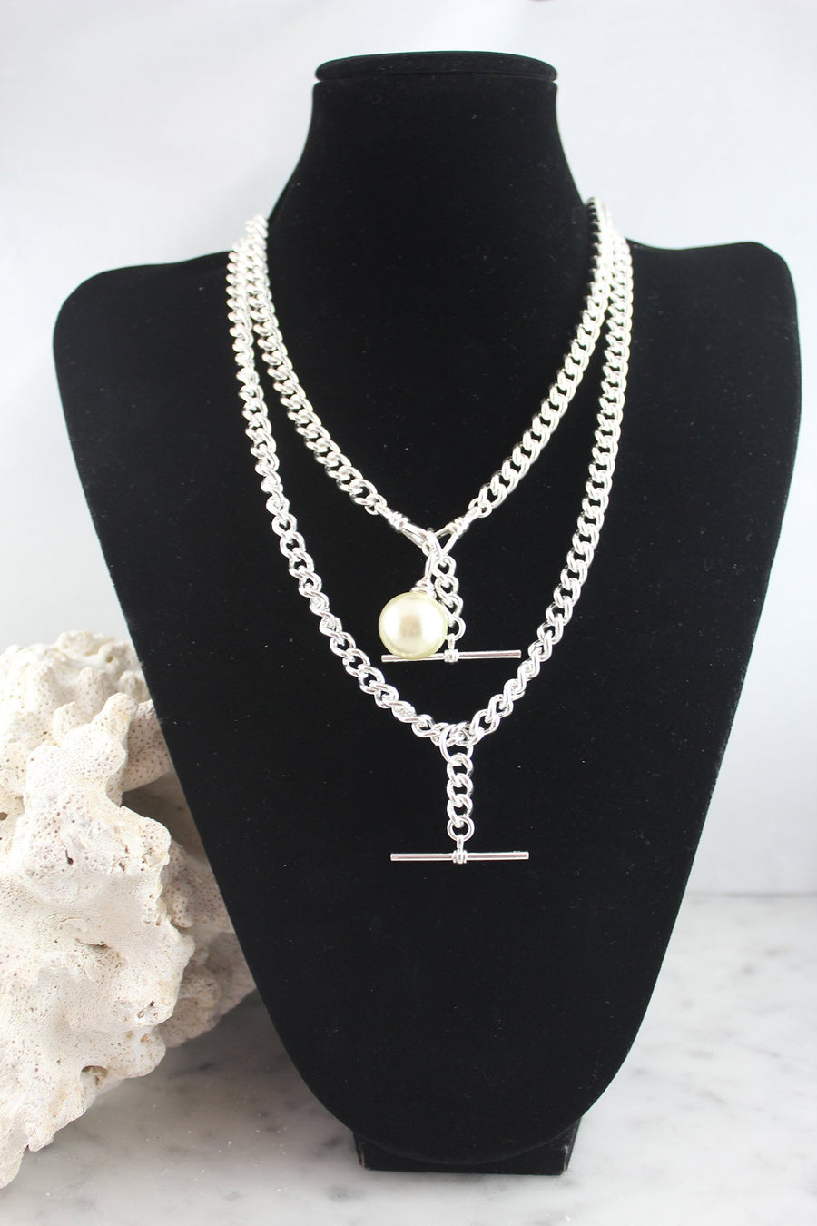 Sterling silver fob chains with pearl adornments